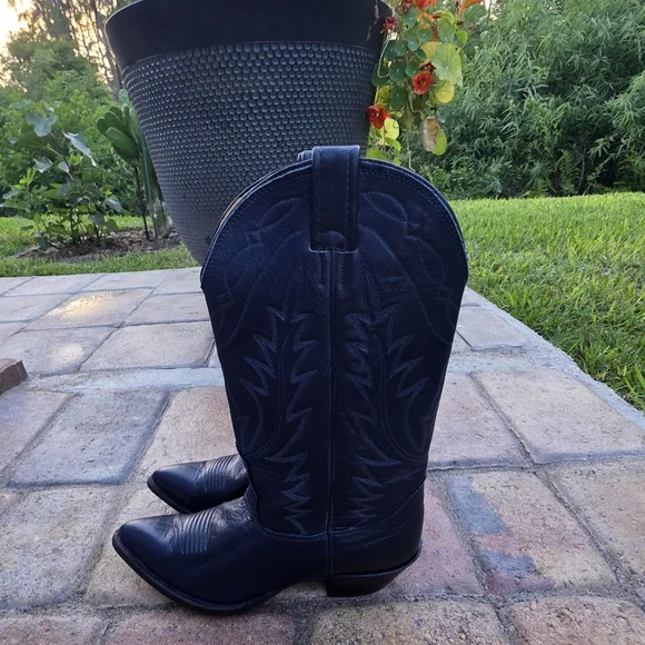 Vintage 90s Nocona Navy Leather Cowboy Boots | Made in USA | Western Heritage - Picture 3 of 10